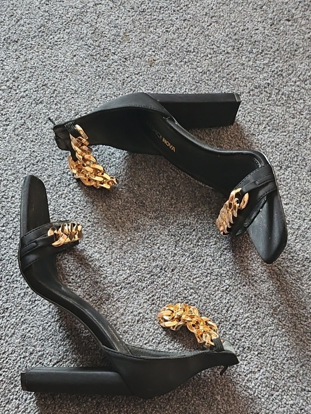 Black Heeled Sandals with Gold Chain Accent - Women